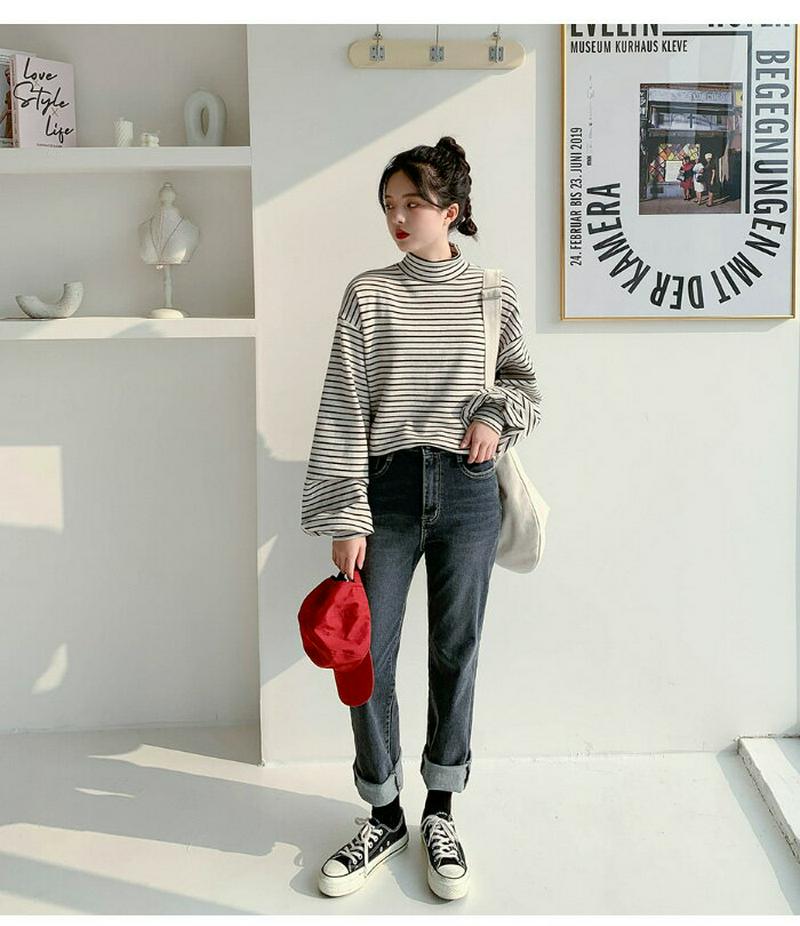 SONYUNARA(ソニョナラ)バルーンボーダータートルネック【11/2up_ka】韓国 韓国ファッション タートルネック Tシャツ ボーダー バルーンスリーブ オーバーサイズ 体型カバー レイヤード カジュアル レディース ファッション【あす楽】