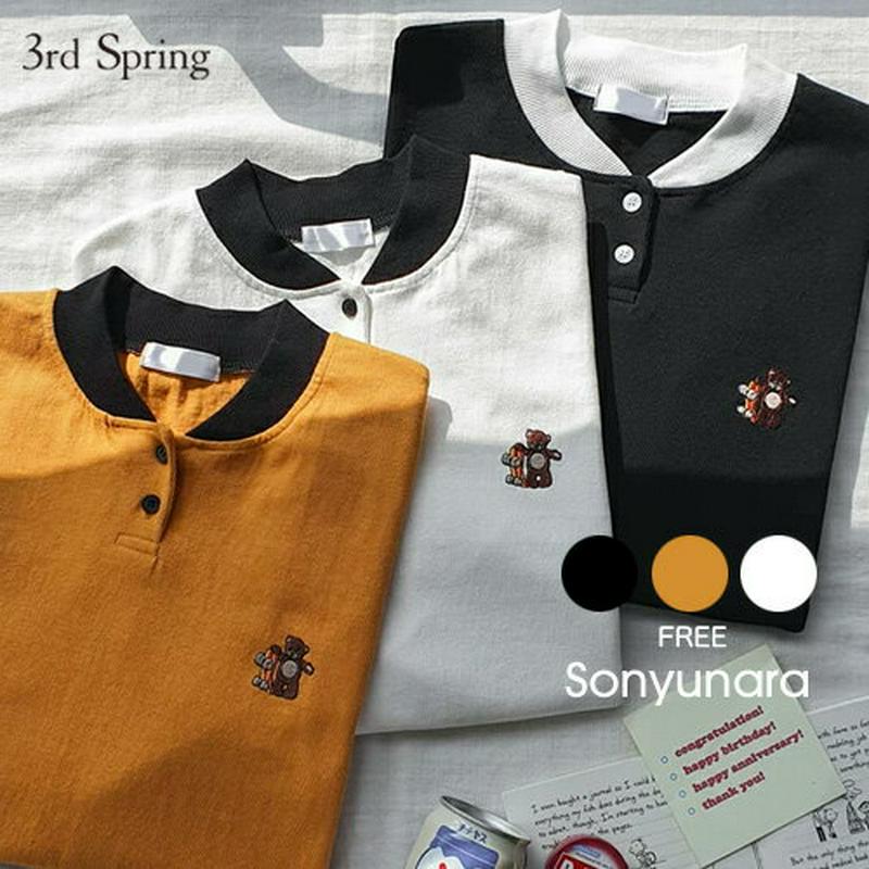 SONYUNARA(ソニョナラ)配色クマちゃん襟Tシャツ【9/15up_ka】韓国 韓国ファッション 長袖Tシャツ 刺繍 ワンポイント シンプル カジュアル レディース ファッション【5】
