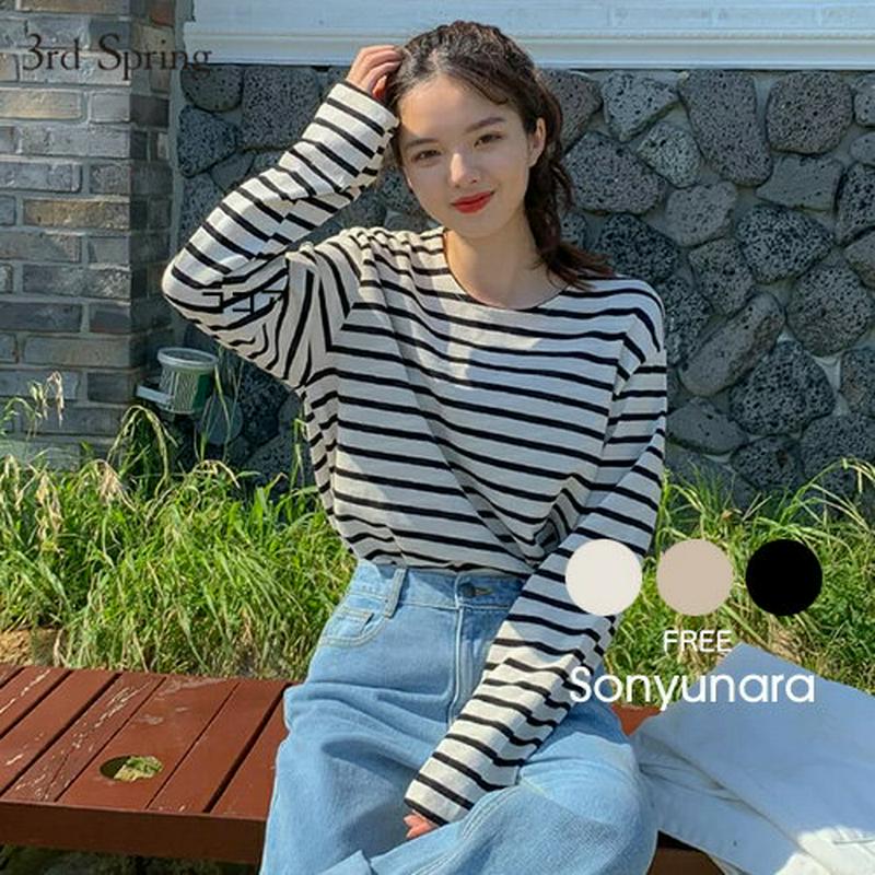 SONYUNARA(ソニョナラ)ルーズフィットストライプTシャツ韓国 韓国ファッション シャツ 長袖シャツ ストライプ オーバーサイズ シンプル レディース ファッション【9/14up_ka】【5】