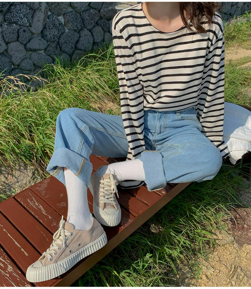 SONYUNARA(ソニョナラ)ルーズフィットストライプTシャツ韓国 韓国ファッション シャツ 長袖シャツ ストライプ オーバーサイズ シンプル レディース ファッション【9/14up_ka】【5】