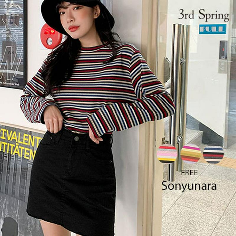 SONYUNARA(ソニョナラ)マジックボーダークロップTシャツ韓国 韓国ファッション Tシャツ 長袖 トップス ボーダー レインボー クロップ丈 カジュアルレディース ファッション【9/11up_wo】【あす楽】