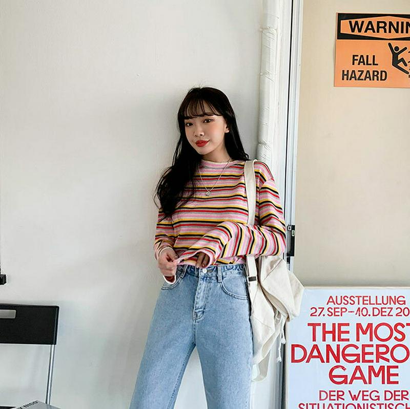 SONYUNARA(ソニョナラ)マジックボーダークロップTシャツ韓国 韓国ファッション Tシャツ 長袖 トップス ボーダー レインボー クロップ丈 カジュアルレディース ファッション【9/11up_wo】【あす楽】