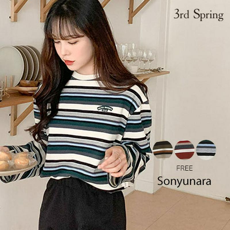 SONYUNARA(ソニョナラ)レインボーカジュアル長袖Tシャツ韓国 韓国ファッション 長袖 Tシャツ ボーダー 刺繍 オーバーサイズ レディース ファッション