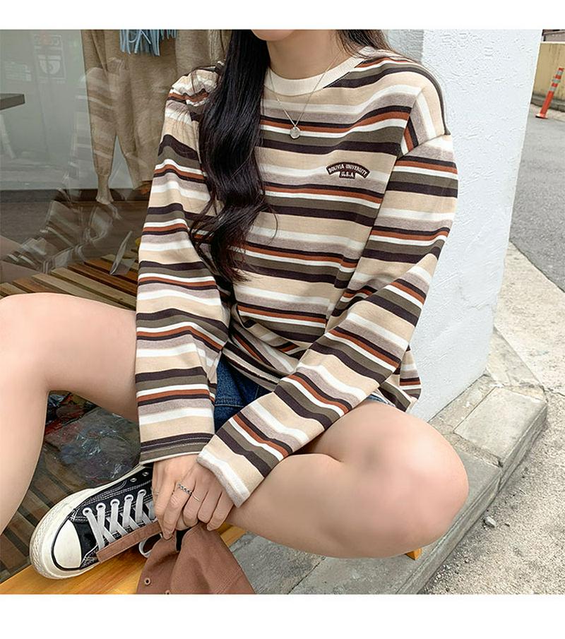 SONYUNARA(ソニョナラ)レインボーカジュアル長袖Tシャツ韓国 韓国ファッション 長袖 Tシャツ ボーダー 刺繍 オーバーサイズ レディース ファッション