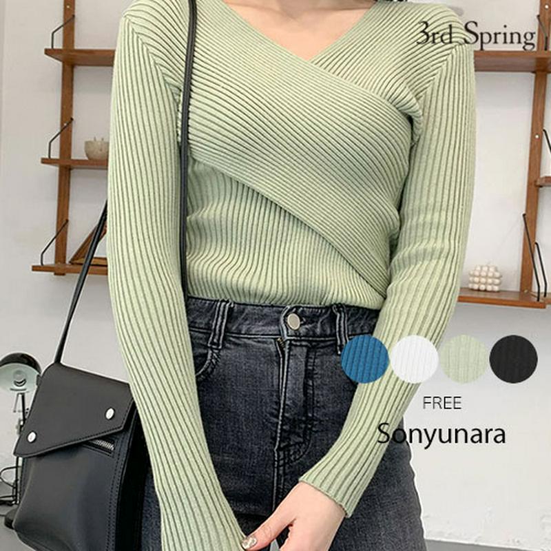 SONYUNARA(ソニョナラ)ラブリーラップニット【3/23up_wo】韓国 韓国ファッション　ニット　tシャツ　長袖　春　春コーデ　カジュアル　フェミニン　デイリー　シャーリング　　春ニットレディース ファッション