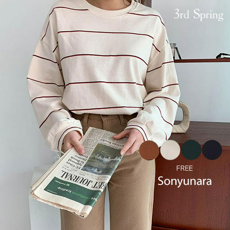 SONYUNARA(ソニョナラ)ボーダーバルーンTシャツ【9/9再販】【メール便】韓国 韓国ファッション　秋　冬　春　　Tシャツ　ボーダー　バルーン袖　ベーシック　オーバーサイズ　ガーリッシュ　デート　　カジュアルレディース ファッション【即納】