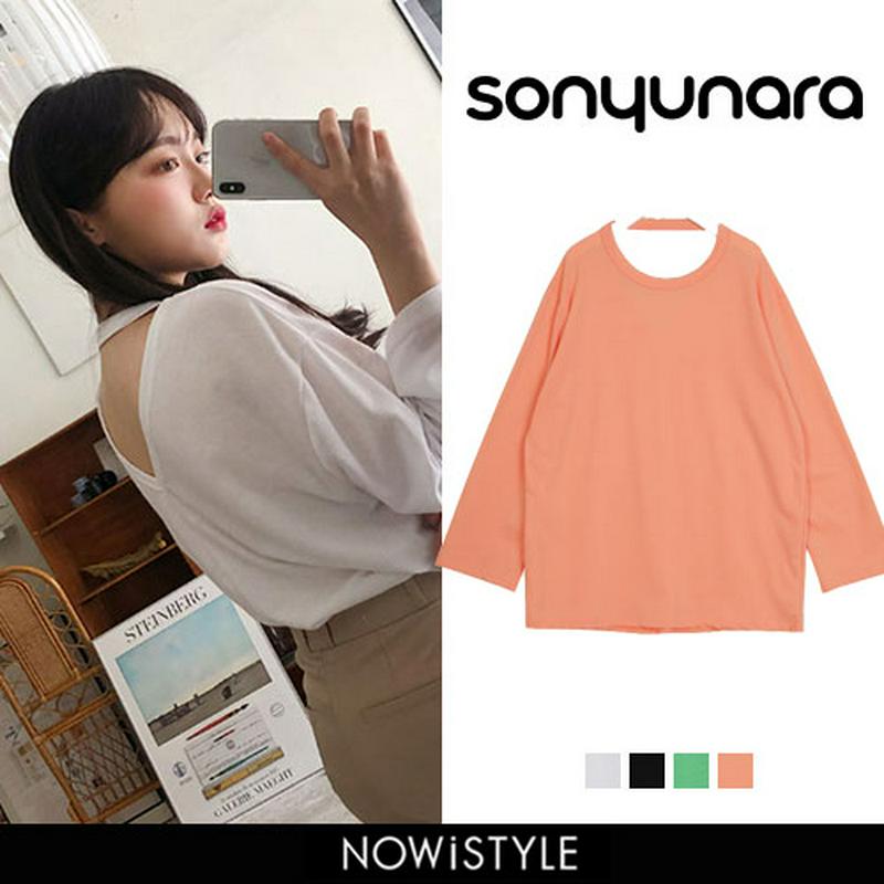 SONYUNARA(ソニョナラ)バックカットアウトTシャツ 【メール便】韓国 韓国ファッション ロンT 無地 Tシャツ 長袖 カットソー バックコンシャス トップス カジュアル 春 長袖Tシャツ セクシー 韓国Tシャツ 【即納】 ★