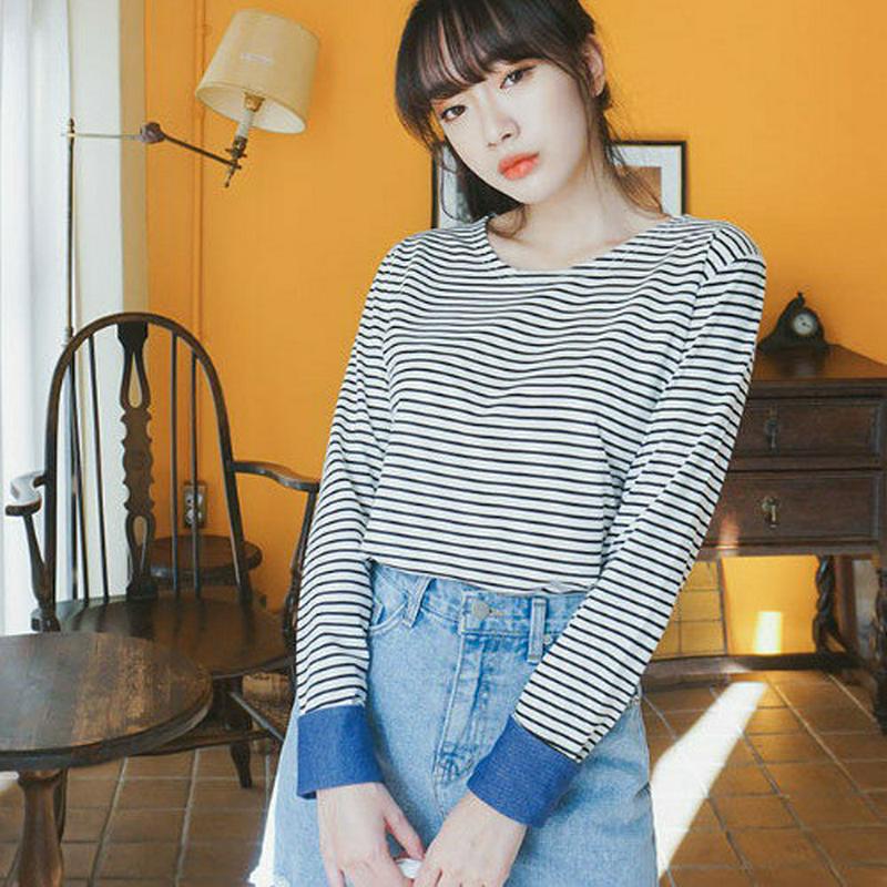 SONYUNARA(ソニョナラ)ポイントカフスストライプT【2/1up_wo】【メール便】韓国 韓国ファッション　ロンT ボーダー Tシャツ 長袖 カットソー ストライプ トップス カジュアル 春 大人カジュアル レディース ファッション【即納】