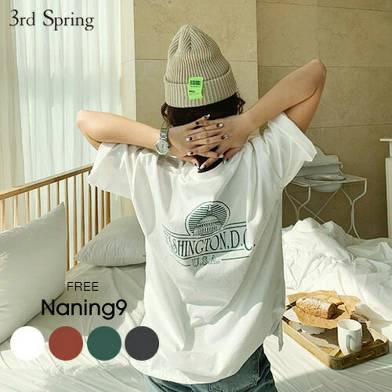 NANING9(ナンニング)WASHINGTON半袖Tシャツ【10/14up_go】【メール便】韓国 韓国ファッション　ロゴT　半袖　Tシャツ　冬　トップス　ロゴ　グラフィックTシャツ　レディース ファッション【5】