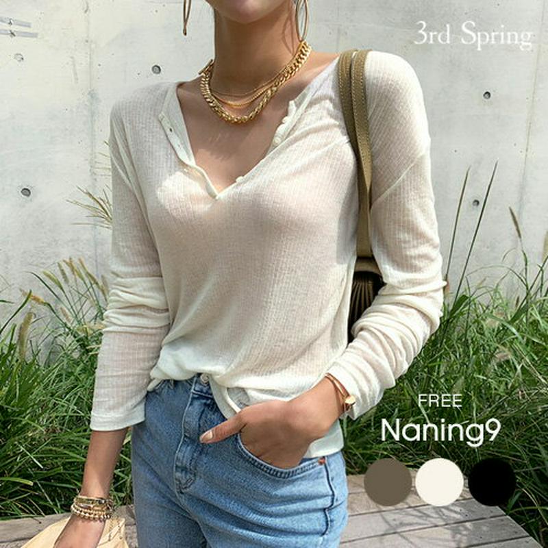 NANING9(ナンニング)ヘンリーネックリブT【9/18up_go】【メール便】韓国 韓国ファッション 長袖カットソー リブ編み Tシャツ ヘンリーネック カットソー 秋 トップス カジュアル ロンT リブT レディース ファッション【即納】 ★