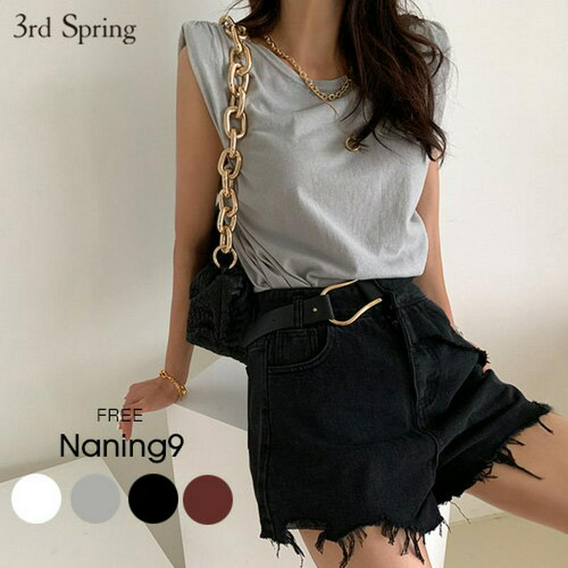 NANING9(ナンニング)パワーショルダーTシャツ【7/2up_go】韓国 韓国ファッション　パワーショルダー トップス 夏 Tシャツ 無地 キャップスリーブ 無地T 白T 着回しTシャツ レディース ファッション【あす楽】※メール便不可★