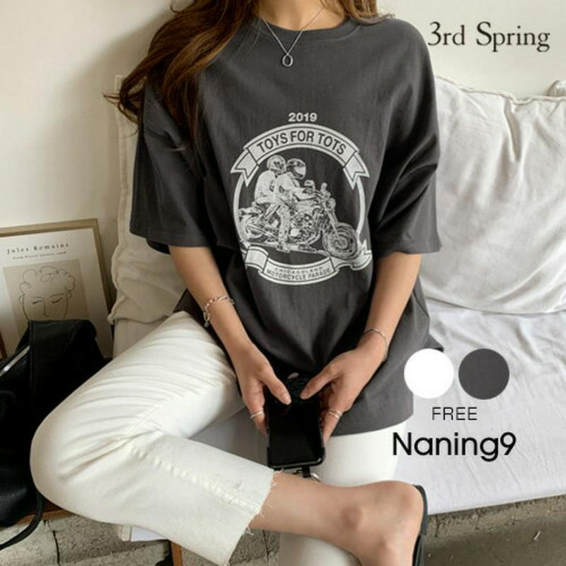 NANING9(ナンニング)MOTORCYCLE半袖Tシャツ 【メール便】韓国 韓国ファッション 半袖Tシャツ ロゴ Tシャツ 半袖 トップス 夏 ロゴT オトナカジュアル 韓国Tシャツ レディース ファッション【即納】