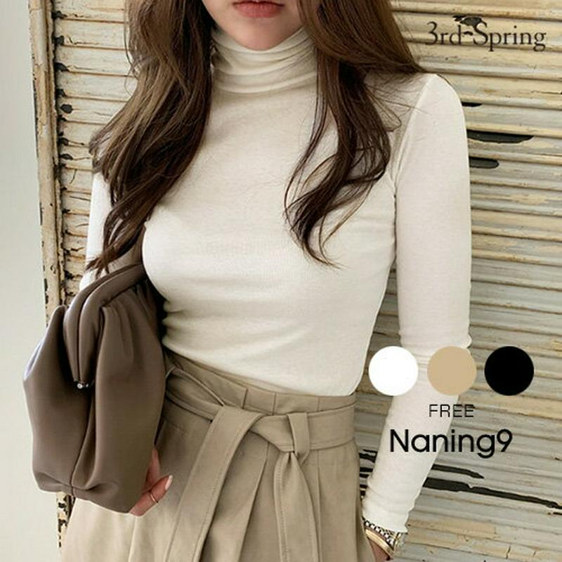 NANING9(ナンニング)ストレッチタートルネックT【10/16再販】韓国 韓国ファッション　タートルネック カットソー 無地 Tシャツ ハイネック 無地T 長袖Tシャツ オトナカジュアル オフィスカジュアル レディース ファッション【5】