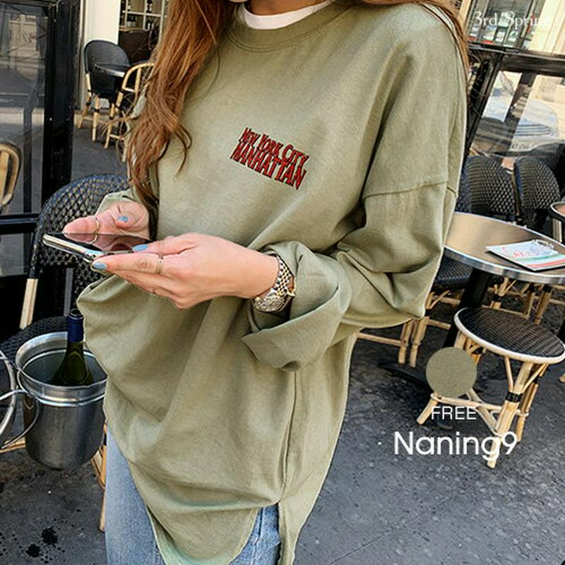 NANING9(ナンニング)マンハッタン長袖Tシャツ【10/12再販】【メール便】韓国 韓国ファッション　ロゴT 長袖 Tシャツ 秋 トップス カジュアル オーバーサイズTシャツ ロゴ カットソー 秋冬 ロンT オーバーフィット レディース ファッション【即納】