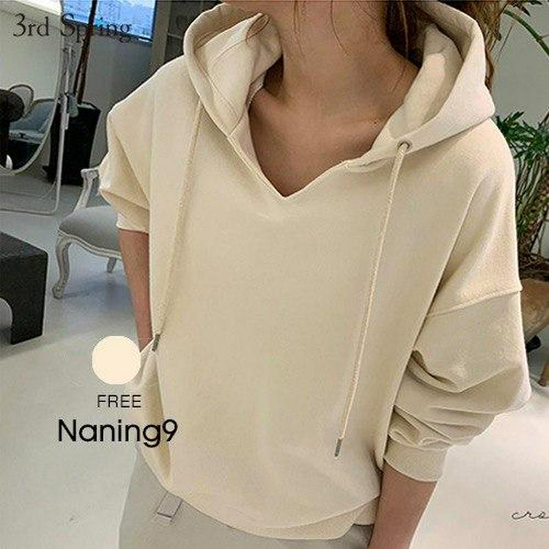 NANING9(ナンニング)Vネックパーカー【8/25再販】【送料無料】韓国 韓国ファッション フーディ 白 パーカー プルオーバー トップス Vネック Vネックパーカー 春 カジュアル オトナカジュアル ナンニング レディース【あす楽】
