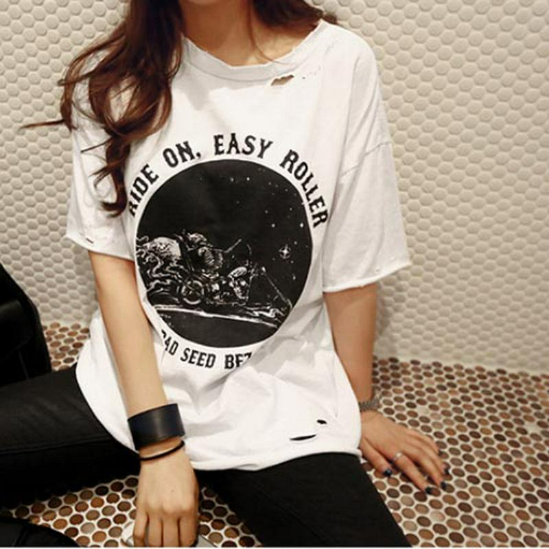 【SALE】【NANING9国内1位】韓国 ファッション tシャツ NANING9(ナンニング)RIDE ONダメージtシャツ【メール便】 韓国ファッション　ロゴtT 半袖 ダメージ加工 トップス カジュアル 大人カジュアル プリントtシャツ 英字 プリント ナンニング レディース