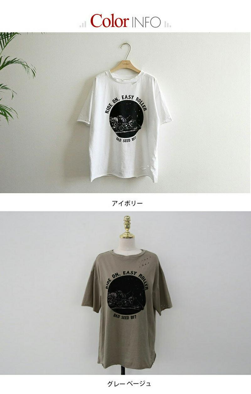 【SALE】【NANING9国内1位】韓国 ファッション tシャツ NANING9(ナンニング)RIDE ONダメージtシャツ【メール便】 韓国ファッション　ロゴtT 半袖 ダメージ加工 トップス カジュアル 大人カジュアル プリントtシャツ 英字 プリント ナンニング レディース