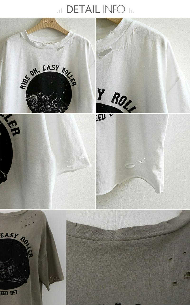【SALE】【NANING9国内1位】韓国 ファッション tシャツ NANING9(ナンニング)RIDE ONダメージtシャツ【メール便】 韓国ファッション　ロゴtT 半袖 ダメージ加工 トップス カジュアル 大人カジュアル プリントtシャツ 英字 プリント ナンニング レディース