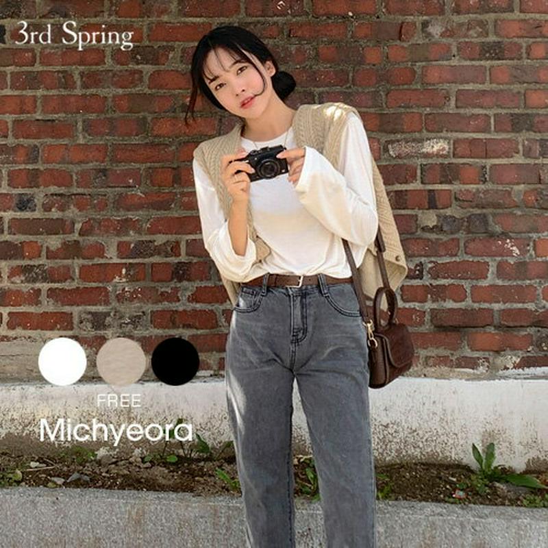 MICHYEORA(ミチョラ)トゥモローニットTシャツ【メール便】 韓国 韓国ファッション Tシャツ トップス 長袖 ベーシック クルーネック カットソー 【即納】 ★