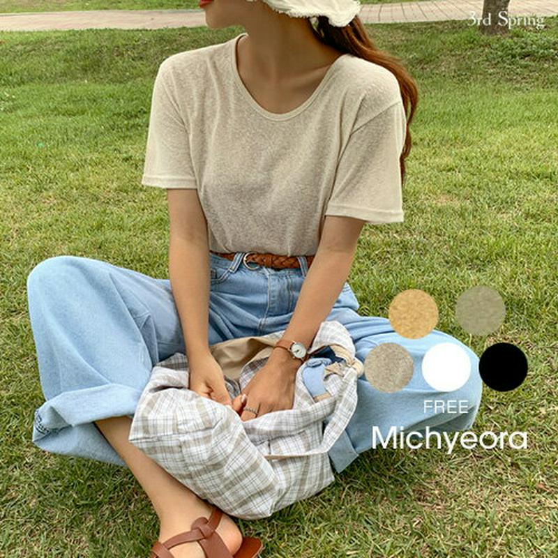 MICHYEORA(ミチョラ)スラブUネックTシャツ【8/21up_go】【メール便】韓国 韓国ファッション　トップス　Tシャツ　Uネック　スラブTシャツ　半袖【即納】