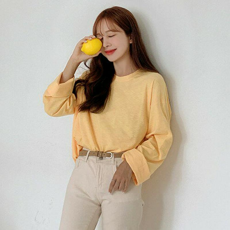MICHYEORA(ミチョラ)コットンスラブTシャツ【メール便】韓国 韓国ファッション　トップス　カットソー　長袖　カラバリ　スラブ　コットン　【即納】