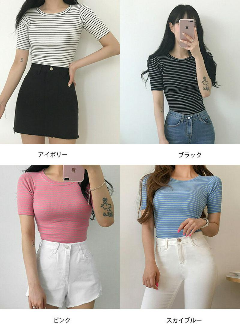 MICHYEORA(ミチョラ)キャンディースリムtシャツ 【メール便】韓国 韓国ファッション カットソー 半袖 ボーダー tシャツ 【即納】 ★