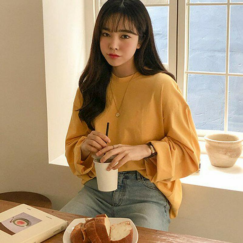 MICHYEORA(ミチョラ)カラフルカットソー【メール便】韓国 韓国ファッション　カットソー　トップス　長袖　Tシャツ　カラバリ　カラー　無地　ベーシック　カジュアル【即納】