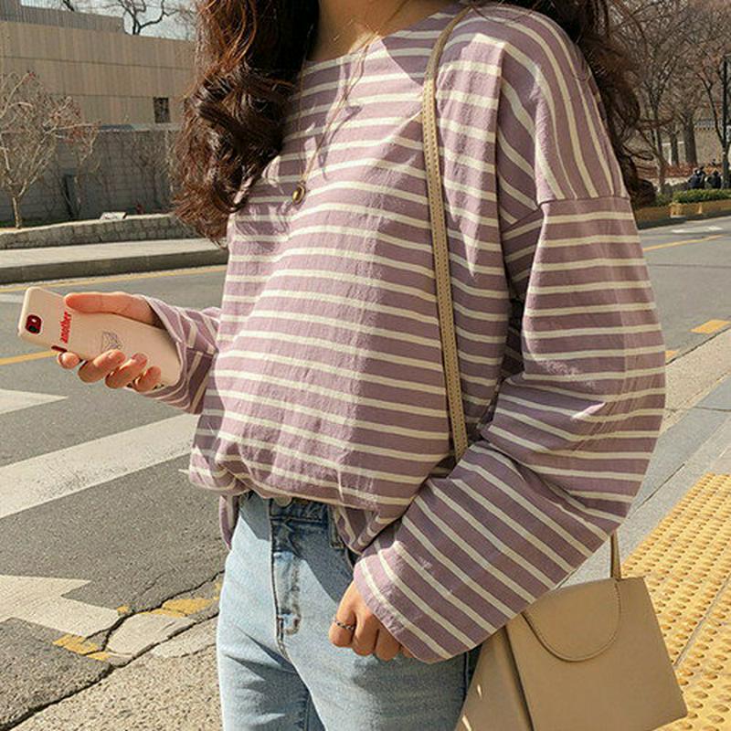 MICHYEORA(ミチョラ)デイリーストライプtシャツ【メール便】韓国 韓国ファッション トップス カットソー ボーダー 長袖 basic パステル【即納】 ★