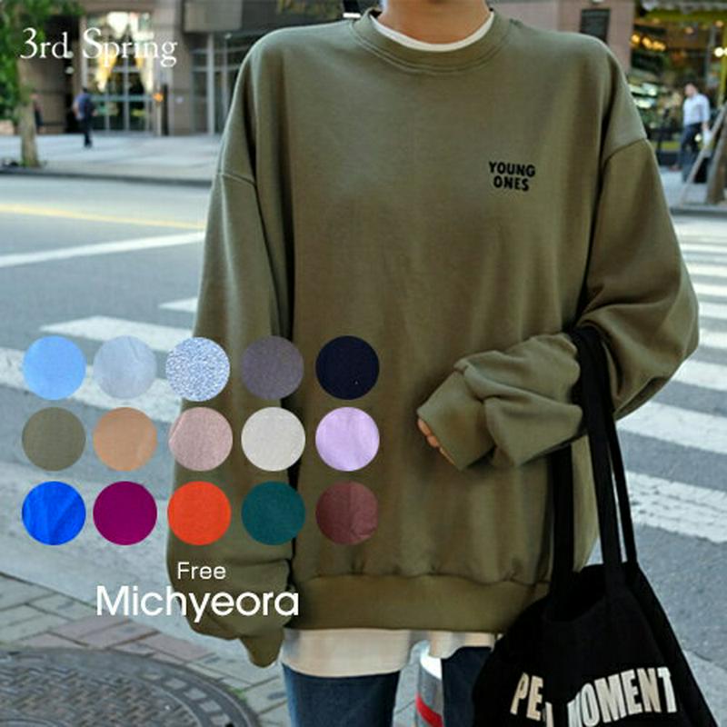 カットソー レディース トレーナー MICHYEORA(ミチョラ)ワンポイントロゴtトレーナー ブラック カーキ ベージュ 黒 緑 長袖 トップス 秋冬 スウェット ゆったり 大きいサイズ 韓国 ファッション メール便不可【あす楽】