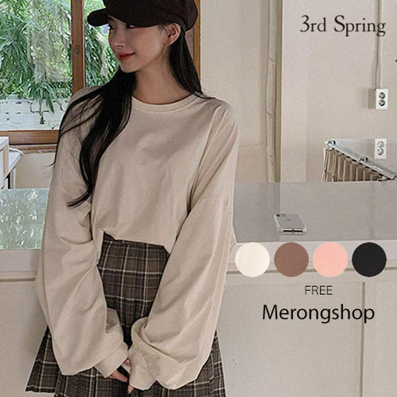 MERONGSHOP(メロンショップ)バルーン袖スウェットTシャツ【9/28up_wo】【メール便】韓国 韓国ファッション　トップス tシャツ 長袖 秋 スウェット tシャツ クロップドtシャツ レディース ファッション【5】
