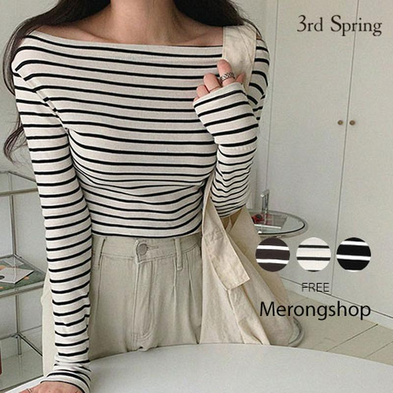 【初売】MERONGSHOP(メロンショップ)ボーダーサブリナネックカットソー【9/10up_wo】【メール便】韓国 韓国ファッション　トップス tシャツ カットソー 長袖 ボーダー ロンt サブリナネック オフショルダー レディース ファッション【即納】
