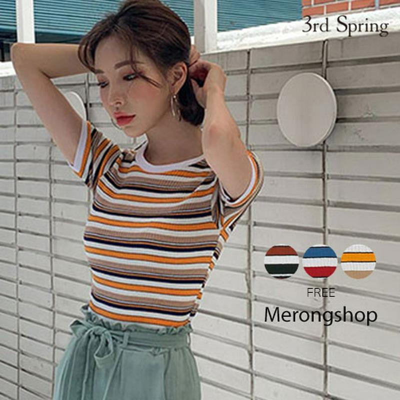 MERONGSHOP(メロンショップ)マルチボーダーTシャツ【7/9up_wo】【メール便】韓国 韓国ファッション　トップス tシャツ 半袖 ボーダー マルチボーダー レトロ tシャツ 双子コーデ レディース ファッション【即納】★