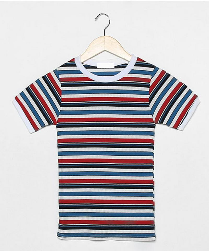 MERONGSHOP(メロンショップ)マルチボーダーTシャツ【7/9up_wo】【メール便】韓国 韓国ファッション　トップス tシャツ 半袖 ボーダー マルチボーダー レトロ tシャツ 双子コーデ レディース ファッション【即納】★