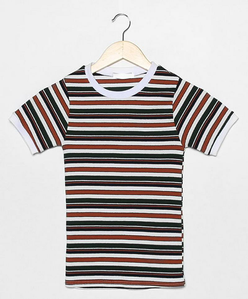 MERONGSHOP(メロンショップ)マルチボーダーTシャツ【7/9up_wo】【メール便】韓国 韓国ファッション　トップス tシャツ 半袖 ボーダー マルチボーダー レトロ tシャツ 双子コーデ レディース ファッション【即納】★