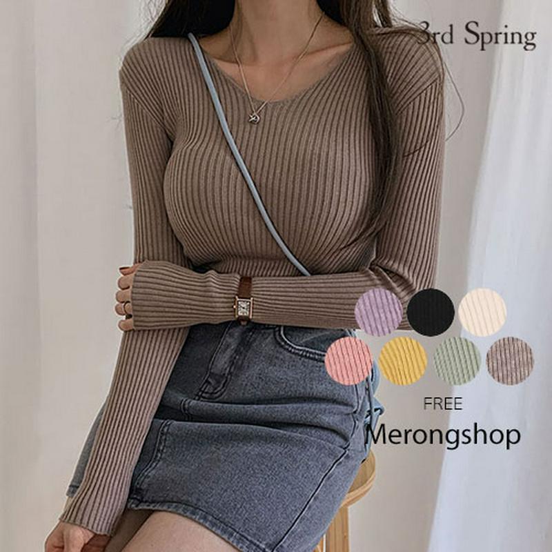 MERONGSHOP(メロンショップ)Vネックリブニットカットソー【10/7up_wo】【メール便】韓国 韓国ファッション　トップス 秋 長袖 カットソー リブニット ニットソー ニット オータムカラー レディース ファッション【5】