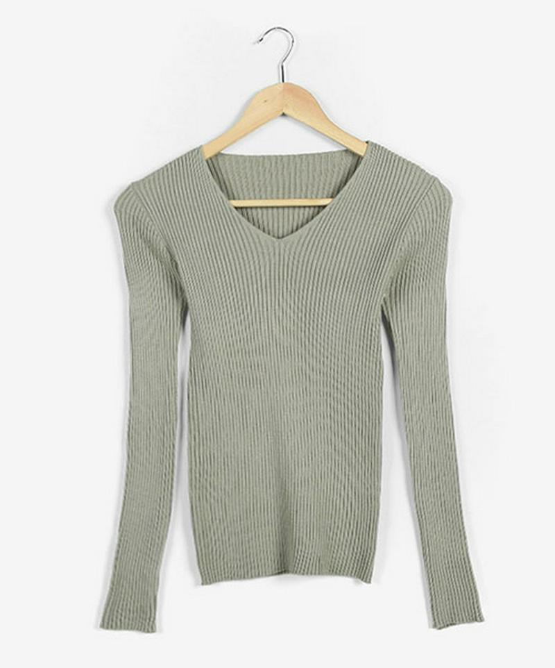 MERONGSHOP(メロンショップ)Vネックリブニットカットソー【10/7up_wo】【メール便】韓国 韓国ファッション　トップス 秋 長袖 カットソー リブニット ニットソー ニット オータムカラー レディース ファッション【5】
