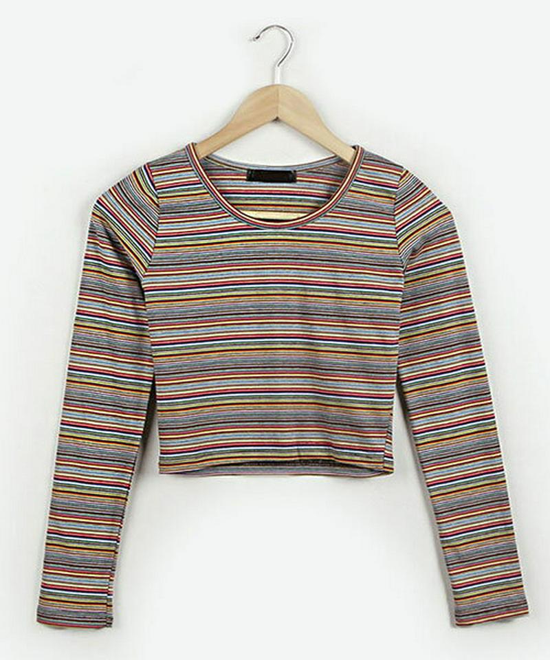 MERONGSHOP(メロンショップ)マルチボーダークロップド長袖Tシャツ【メール便】韓国 韓国ファッション　ボーダー Tシャツ マルチボーダー トップス 秋 ロンT ストライプ カットソー 韓国ストリート レディース ファッション【即納】