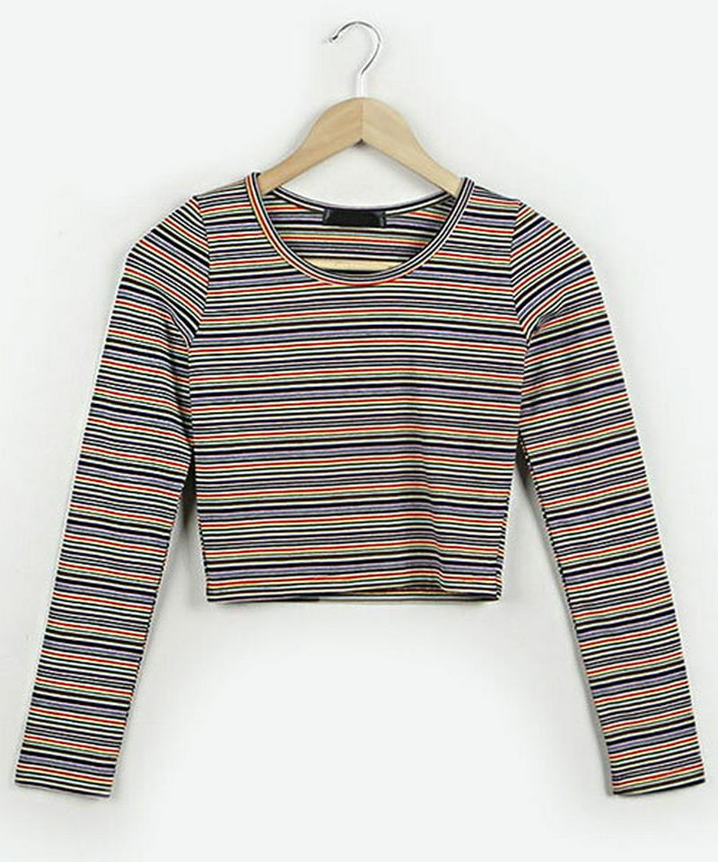 MERONGSHOP(メロンショップ)マルチボーダークロップド長袖Tシャツ【メール便】韓国 韓国ファッション　ボーダー Tシャツ マルチボーダー トップス 秋 ロンT ストライプ カットソー 韓国ストリート レディース ファッション【即納】