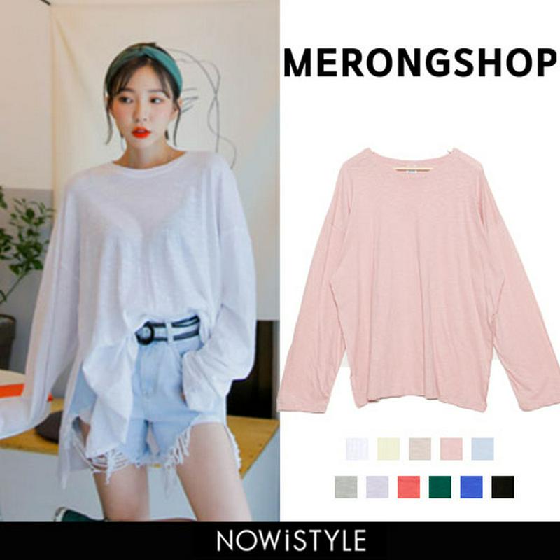 MERONGSHOP(メロンショップ)秋までスラブスリットロングTシャツ韓国 韓国ファッション　トップス Tシャツ カットソー ロンT スリット スラブ 大きいサイズ オーバーサイズ 秋 夏 スラブ 　 ファッション【あす楽】※メール便不可