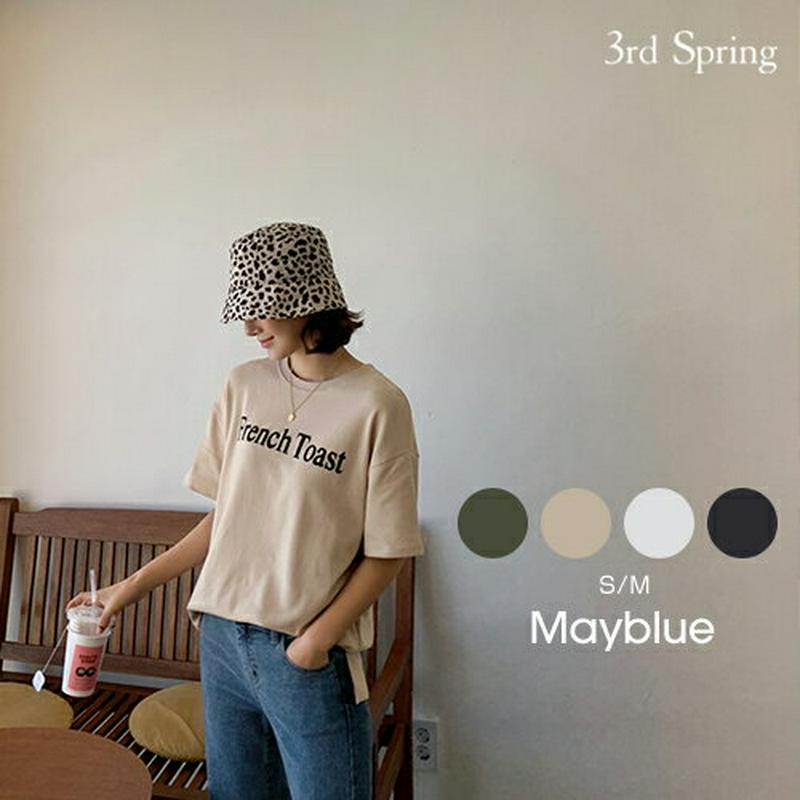 MAYBLUE(メイブルー)レタリングスリットハーフ袖Tシャツ【11/8up_PSH】Tシャツ　トップス　半袖　レタリング　メッセージ　クルーネック　サイドスリット【5】
