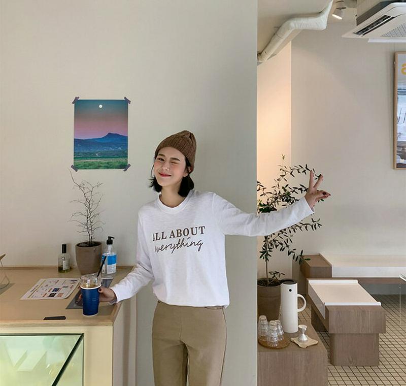 MAYBLUE(メイブルー)レタードプリントストレッチTシャツ【11/4up_go】レタリングT　トップス　クルーネック　レタリング　プリントT　ベーシック　長袖【5】