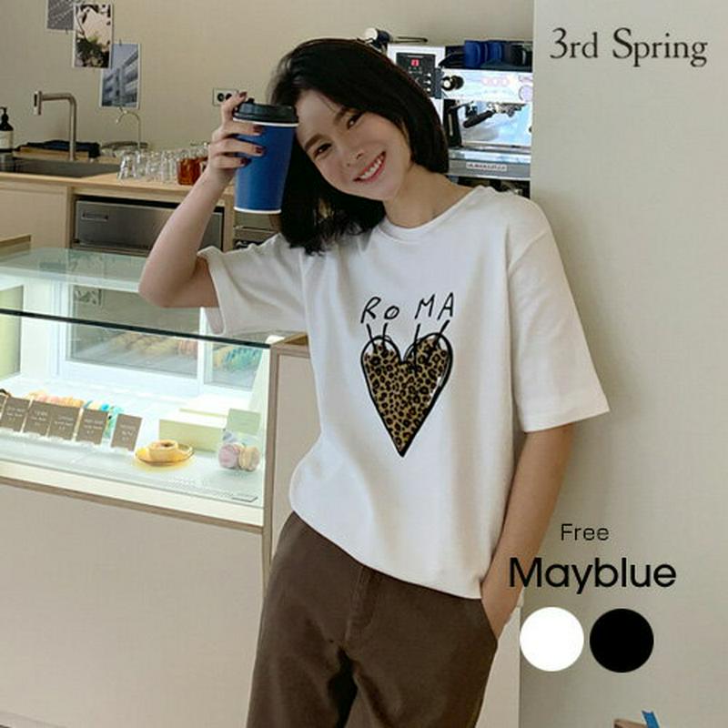 MAYBLUE(メイブルー)レオパードイラストTシャツ【10/30up_go】レオパード　Tシャツ　トップス　ロゴT　半袖　クルーネック【5】