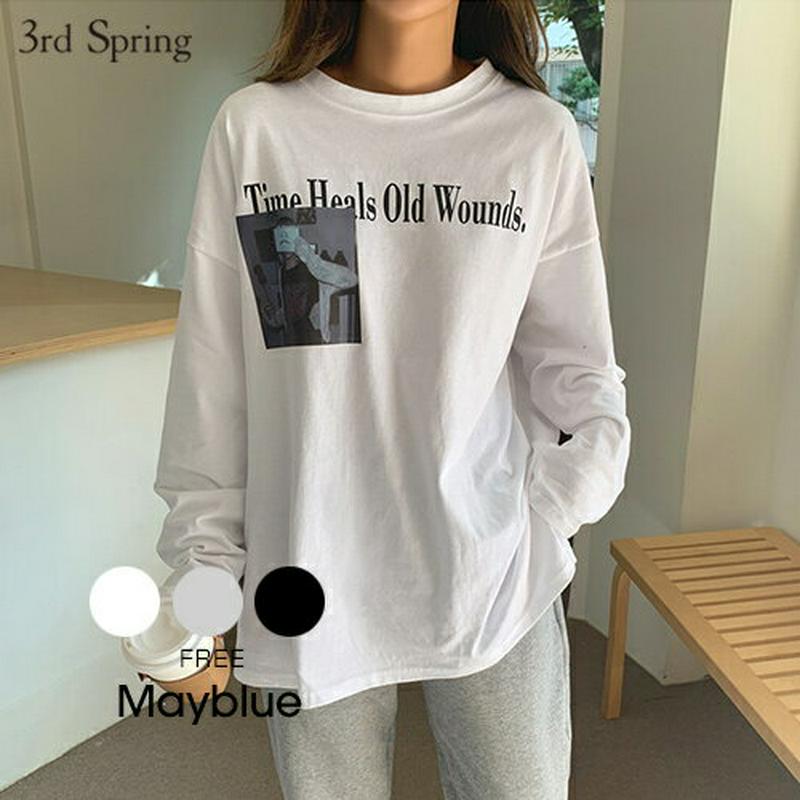 MAYBLUE(メイブルー)フロントプリントビッグTシャツ Tシャツ　ロンT　グラフィックT　英字ロゴ　メッセージ　プリント　シンプル【10/26up_chj】【5】