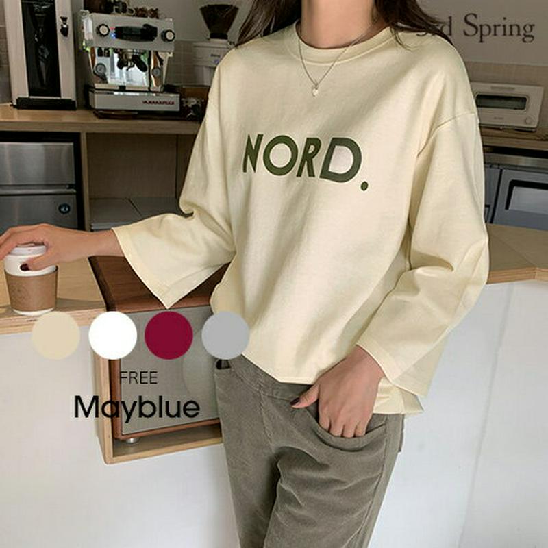 MAYBLUE(メイブルー)レタリング8分袖Tシャツ トップス　カットソー　英字ロゴ　レタリング　シンプル　ベーシック　5分袖【10/20up_chj】【5】