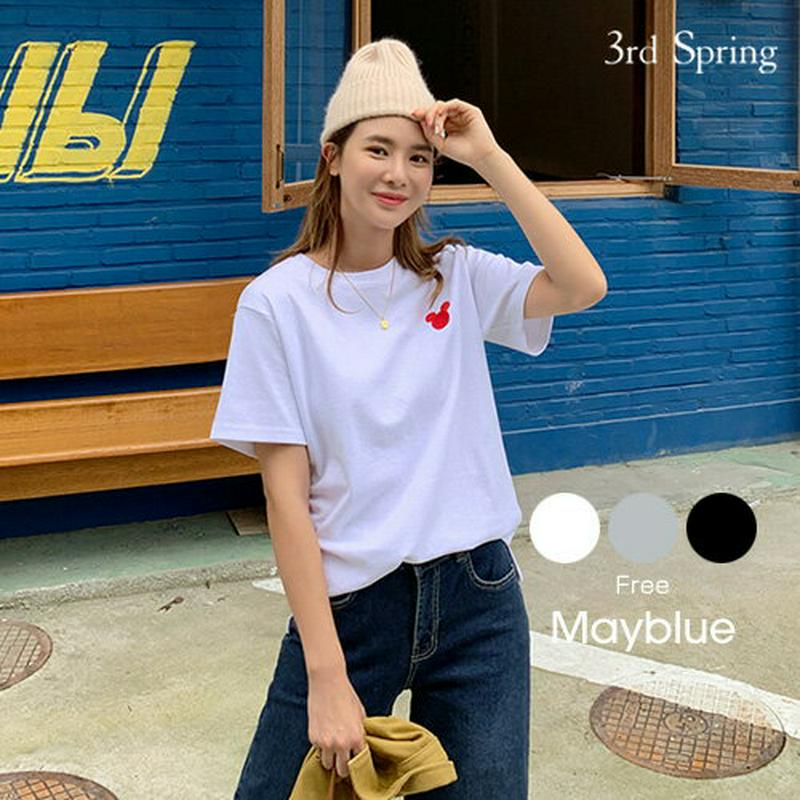 MAYBLUE(メイブルー)(正規品)ミッキー刺繍半袖Tシャツ【4/16再販】Tシャツ　ミッキー　ロゴ　ワンポイントロゴT【5】