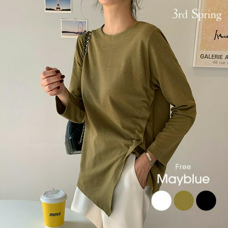 MAYBLUE(メイブルー)アシンメトリードロストTシャツ【10/9up_go】シャーリングスリット　スリット　トップス　クルーネック　長袖　変形【5】