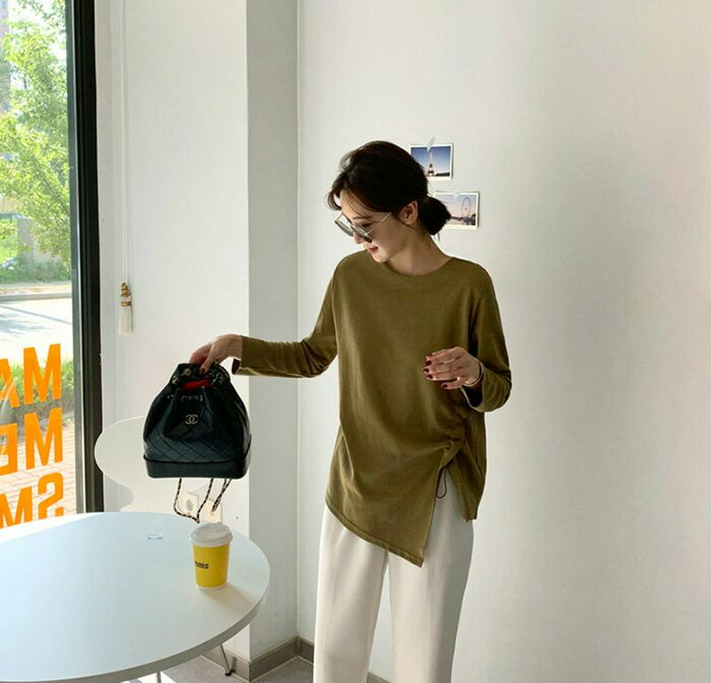 MAYBLUE(メイブルー)アシンメトリードロストTシャツ【10/9up_go】シャーリングスリット　スリット　トップス　クルーネック　長袖　変形【5】