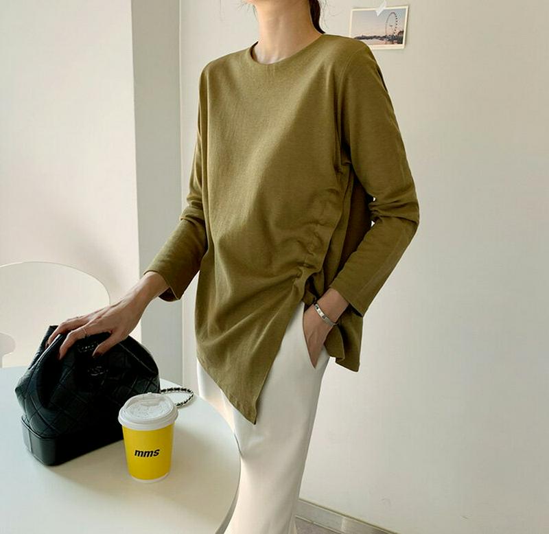 MAYBLUE(メイブルー)アシンメトリードロストTシャツ【10/9up_go】シャーリングスリット　スリット　トップス　クルーネック　長袖　変形【5】