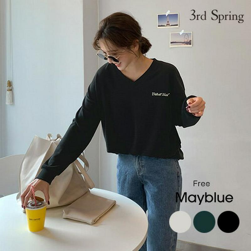 MAYBLUE(メイブルー)レタードVネックTシャツ【10/9up_go】レタリング　VネックT　ロンT　ワンポイント【5】