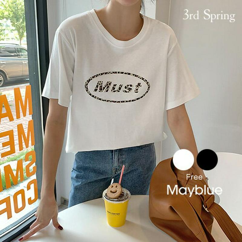MAYBLUE(メイブルー)レオパードロゴ半袖Tシャツ【10/9up_go】ロゴT　Tシャツ　トップス　ヒョウ柄ロゴ　英字ロゴ　ロゴT【5】